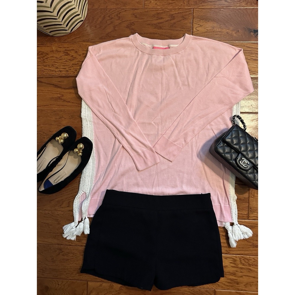 Lilly Pulitzer Womens Small Pink Coolmax Sweater Side Fringe Tassel Top Cotton